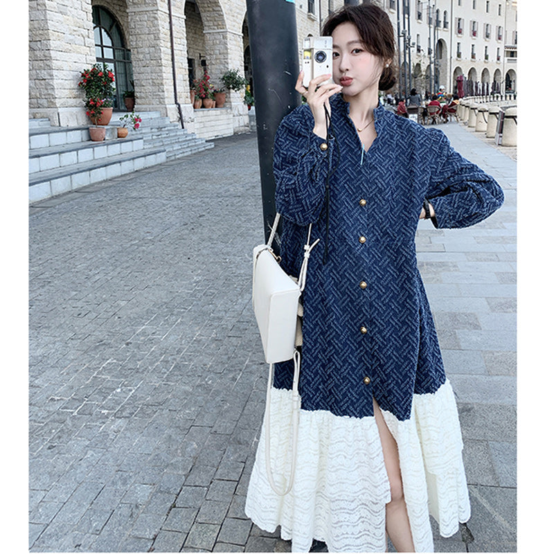 ジャガードデニム×レースティアードロングワンピース