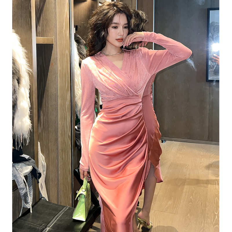 カシュクールベロアトップコンビタック入りワンピース