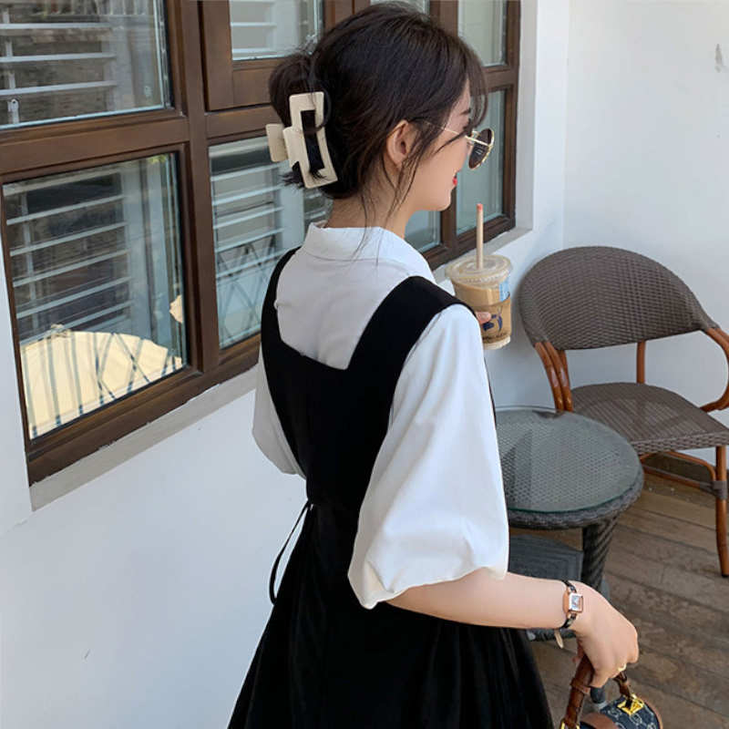 バルーンスリーブシャツ×サイドドローストリングノースリーブマキシワンピース