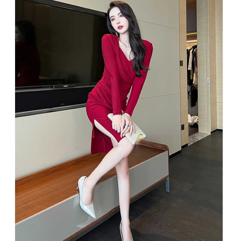 ハートネックカシュクールサイドスリットワンピース(3colors)