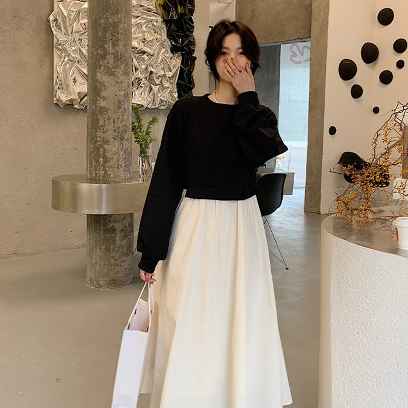 ショート丈ニットトップス×ロング丈シャツコンビ風ワンピース