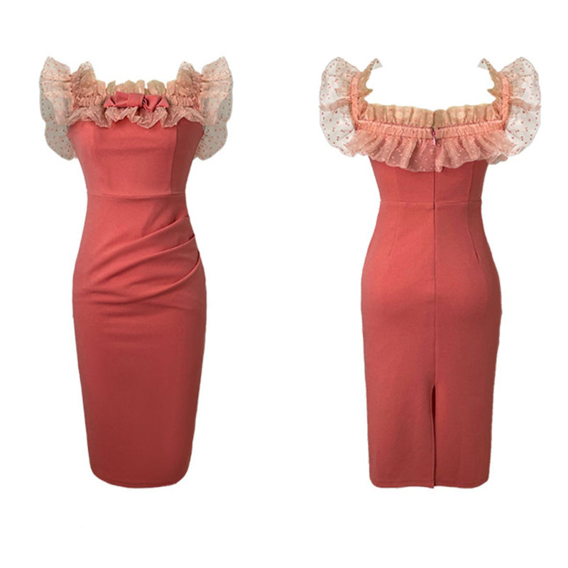 オフショルダーペンシルラインフリルドレス