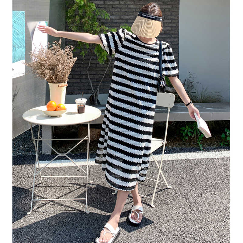フレアスリーブギザギザボーダーマキシワンピース