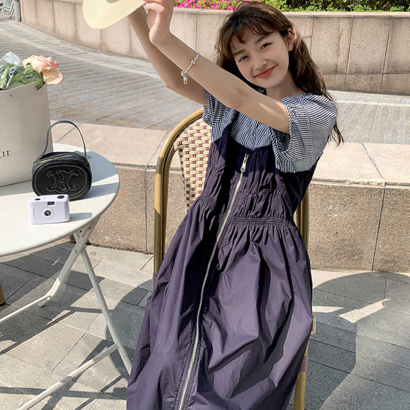 ギンガムチェックブラウスコンビフロントジッパーワンピース