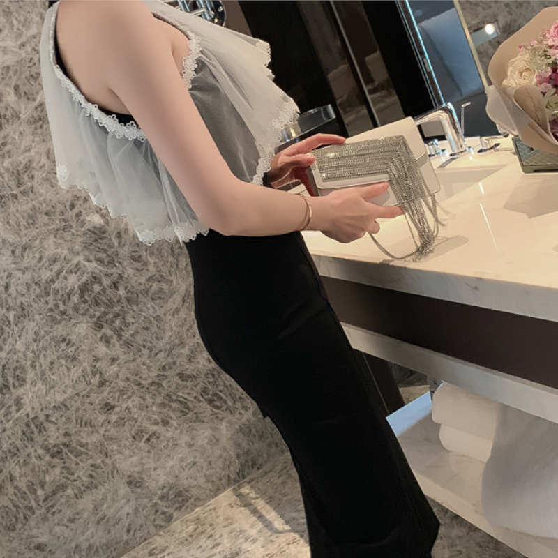 シアーラッフルコンビオープンショルダーペンシルワンピース