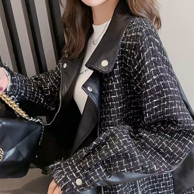 レザーコンビツイードオーバージャケット