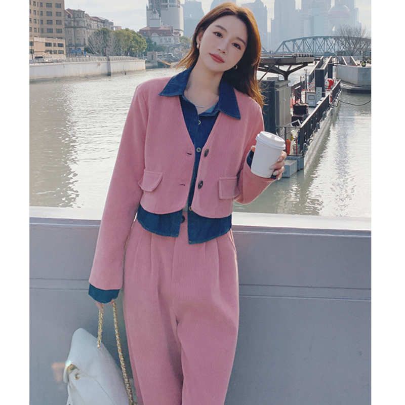 デニムシャツコンビクロップドジャケット×ワイドパンツ or ナロースカート(2colors / 2type)