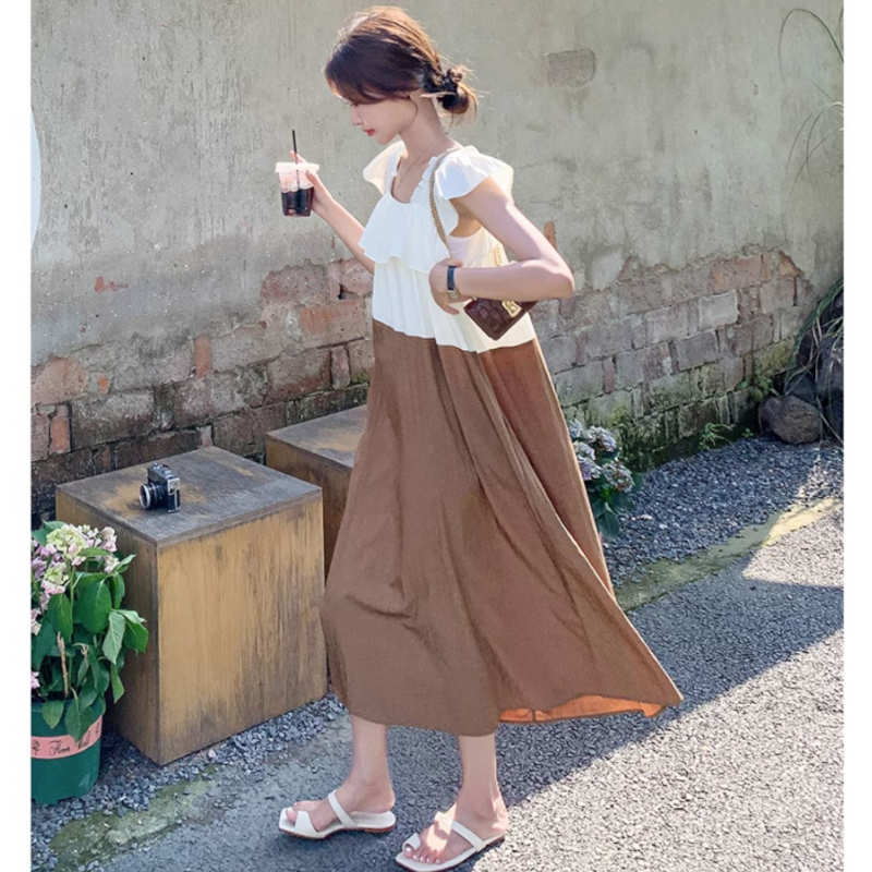 ラッフルスクエアネックバイカラーマキシワンピース