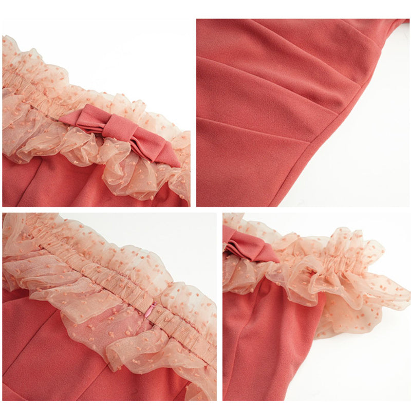 オフショルダーペンシルラインフリルドレス