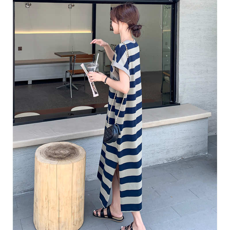 ボーダーフレンチスリーブTシャツマキシワンピース