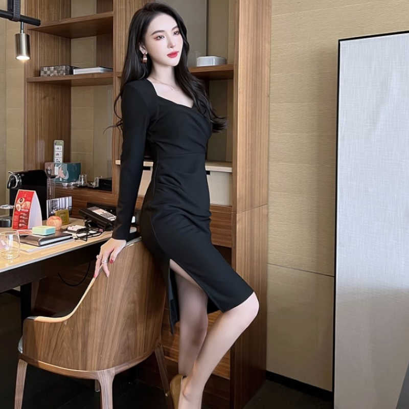 ハートネックカシュクールサイドスリットワンピース(3colors)