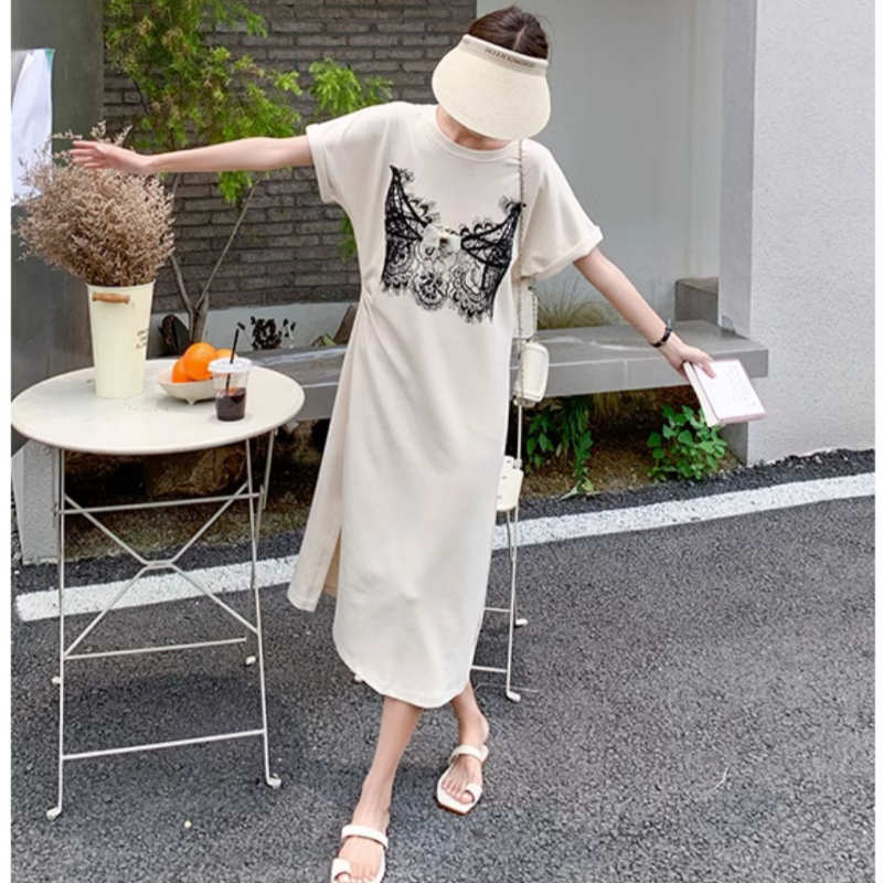 レースプリントゆるTシャツワンピース