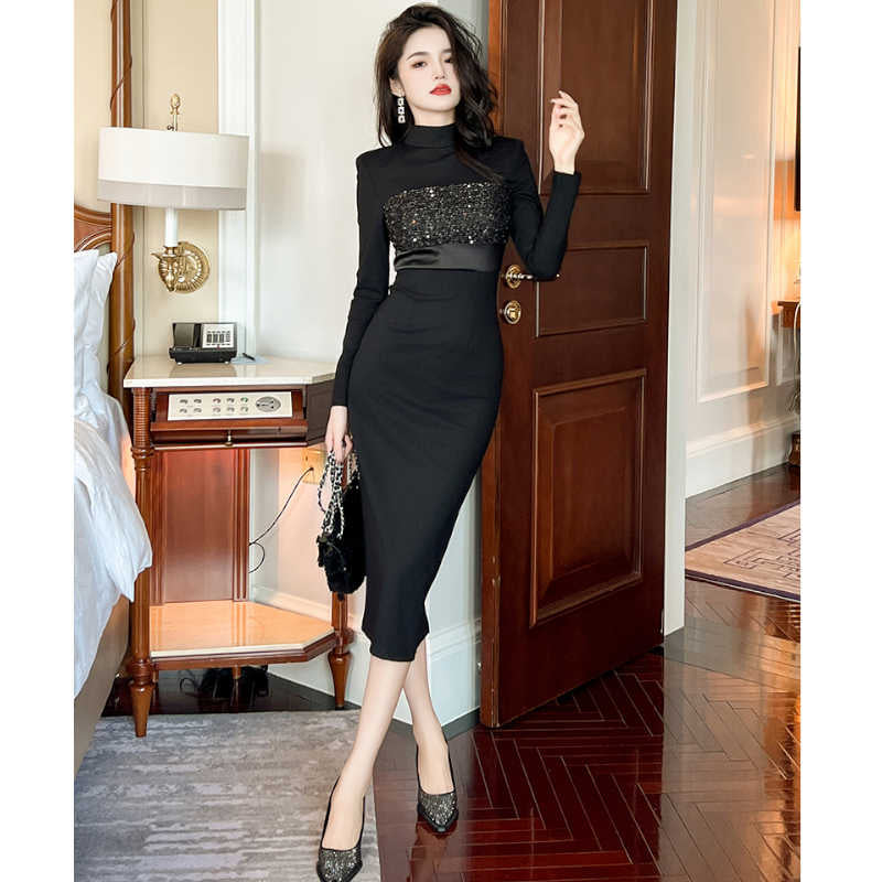 ボトルネックグリッターコンビペンシルワンピース