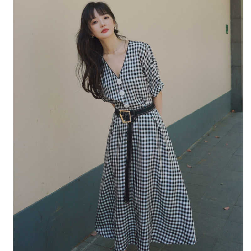 ビッグフロントボタンギンガムチェックマキシワンピース