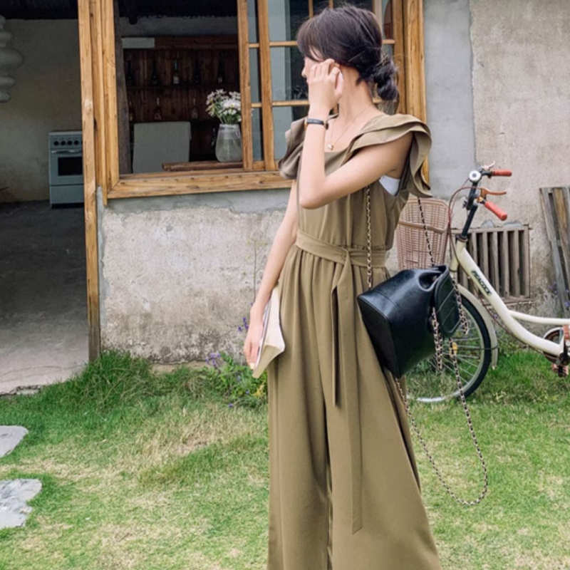 フリルショルダースクエアネックオールインワンワイドパンツ