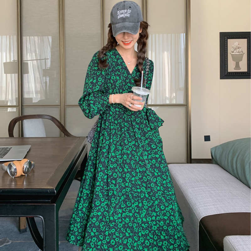 カシュクールボタニカル柄マキシワンピース