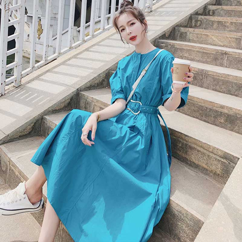 ラウンドネックAラインワンピース（青）春/夏 夏色ワンピ