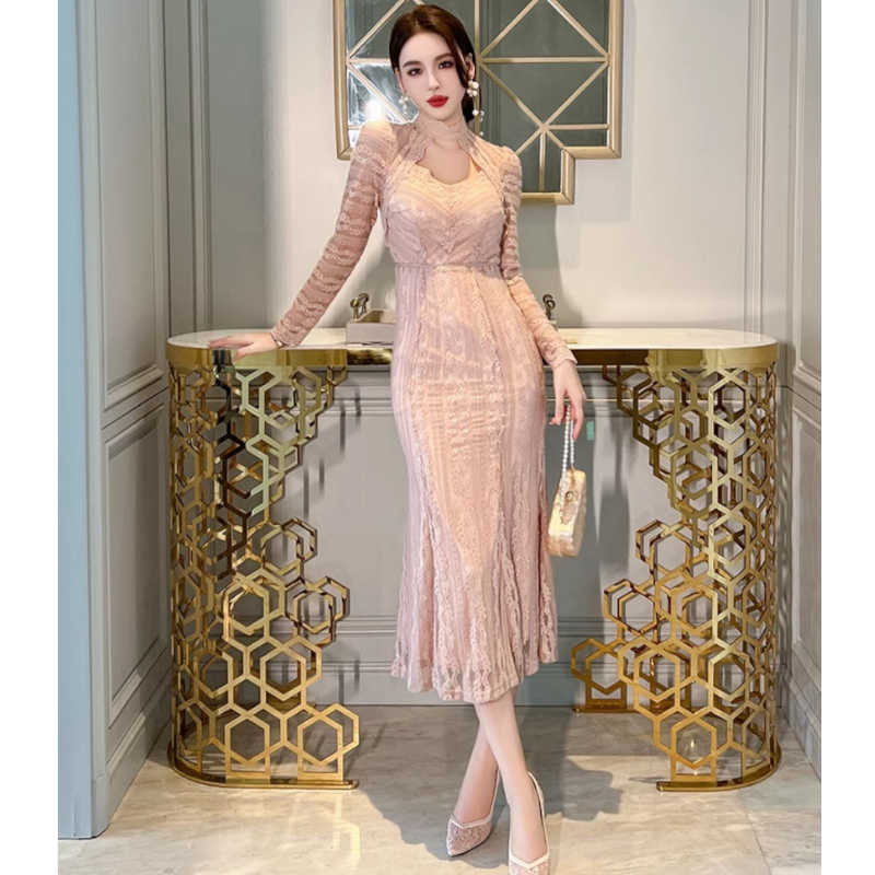 フロントオープンジオメトリックレースマーメイドワンピース