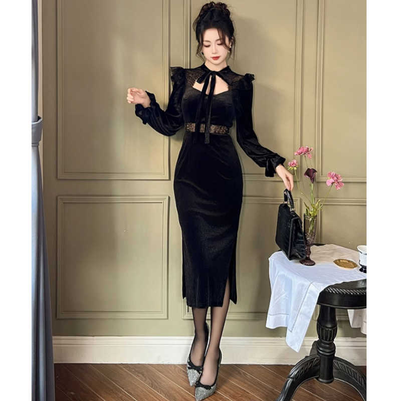 ウエストコンシャスボウタイベロアワンピース