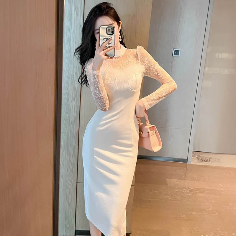 シアーコンビフェザードッキングペンシルワンピース(2colors)