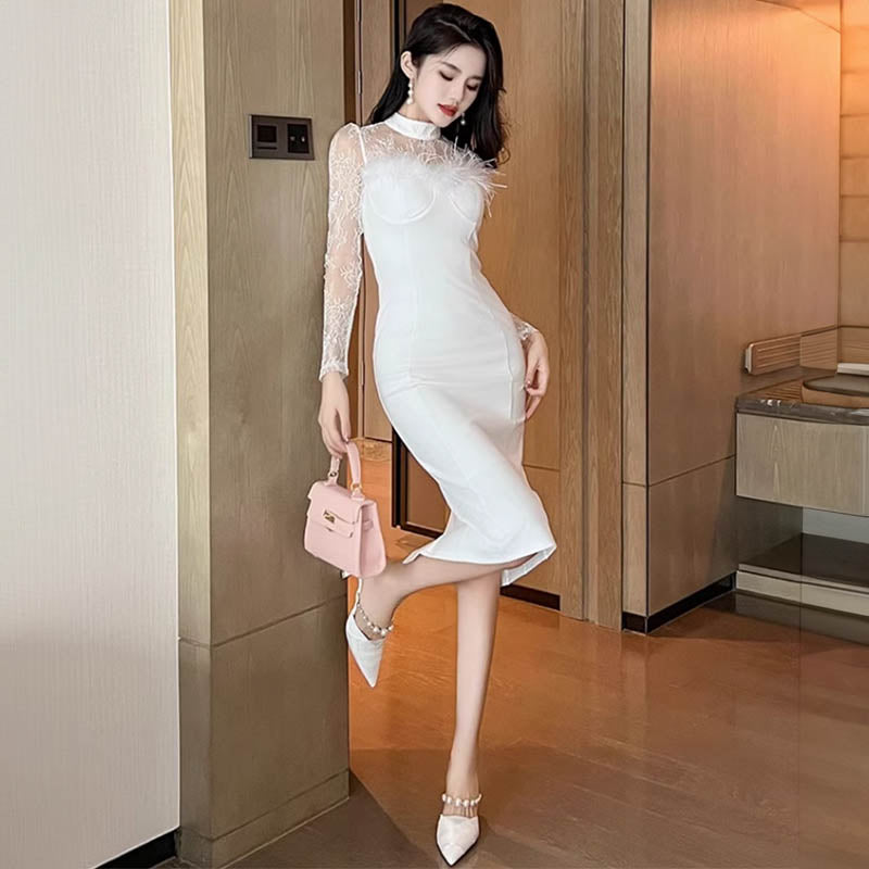 シアーコンビフェザードッキングペンシルワンピース(2colors)