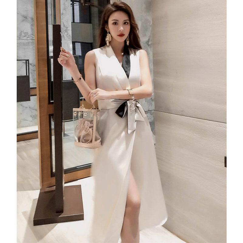 ウエストリボンバイカラーカシュクールサテンワンピース