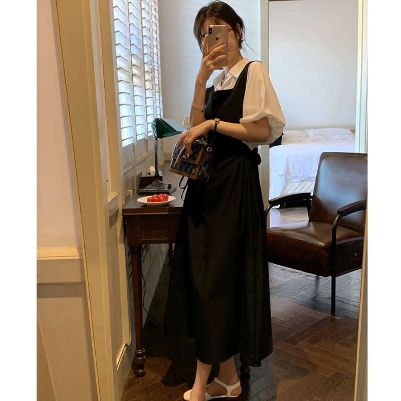 バルーンスリーブシャツ×サイドドローストリングノースリーブマキシワンピース