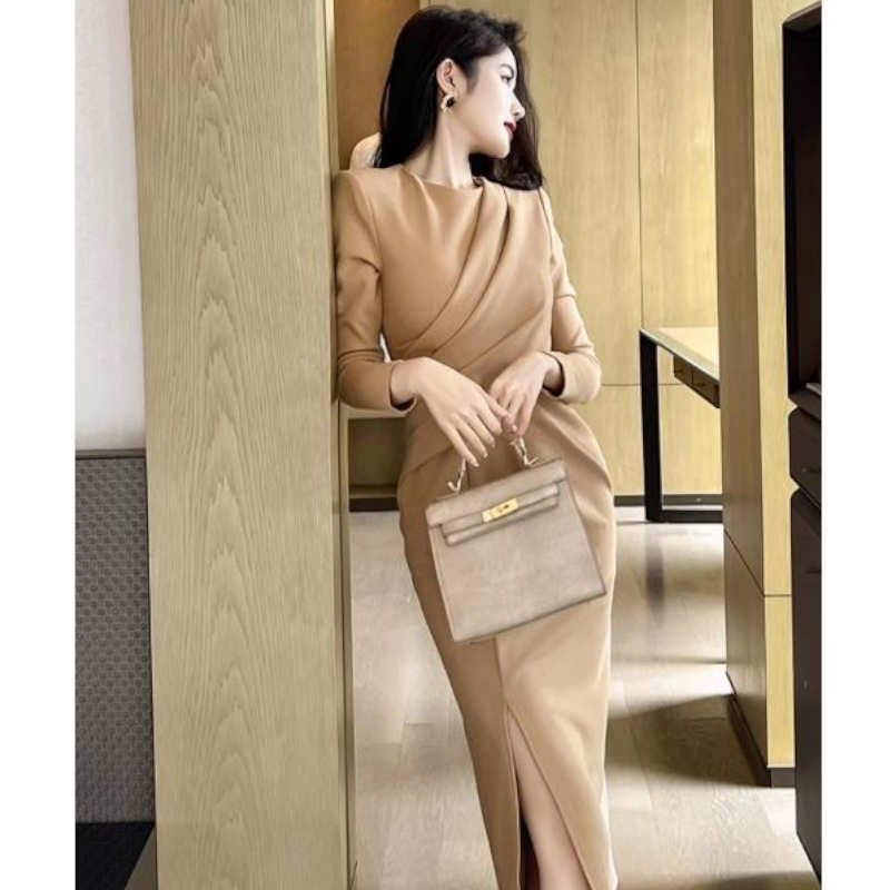 【即納】アシメドレープサイドスリットペンシルワンピース