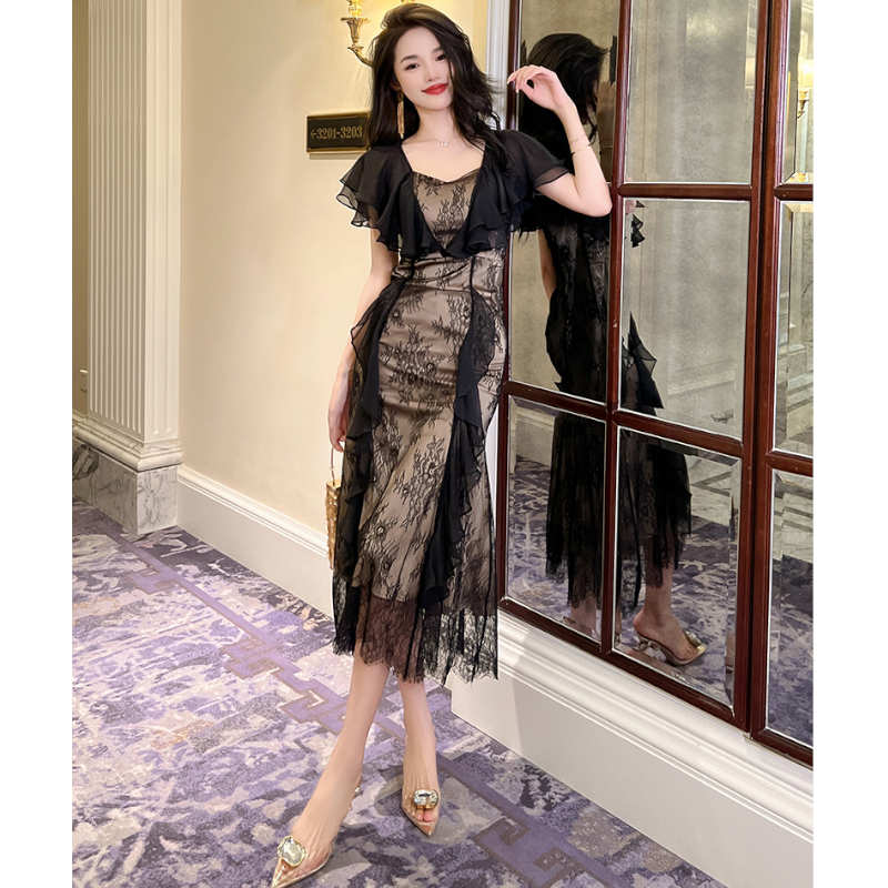 ラッフルケープコンビシアーレースマーメイドワンピース