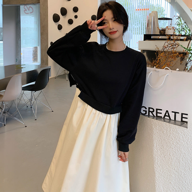 ショート丈ニットトップス×ロング丈シャツコンビ風ワンピース
