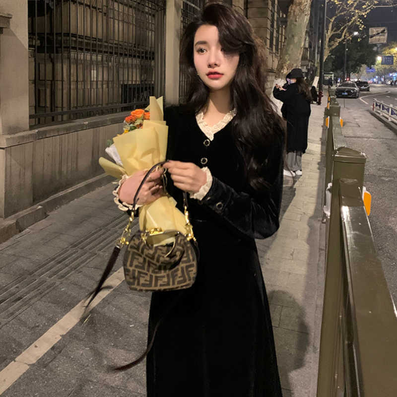 レースコンビフロントボタンベロアロングワンピース