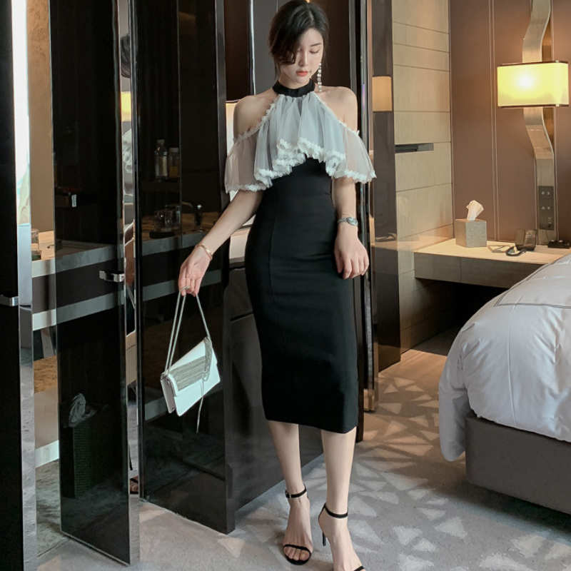 シアーラッフルコンビオープンショルダーペンシルワンピース