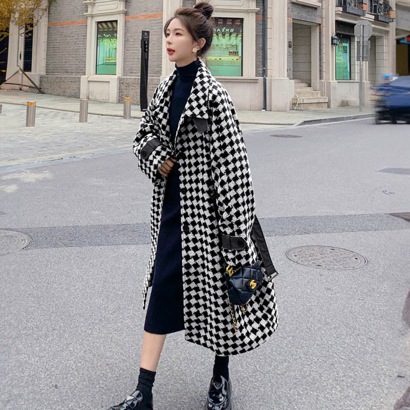 エコレザーコンビダイヤ柄ロングコート(2colors)