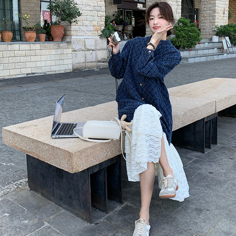 ジャガードデニム×レースティアードロングワンピース