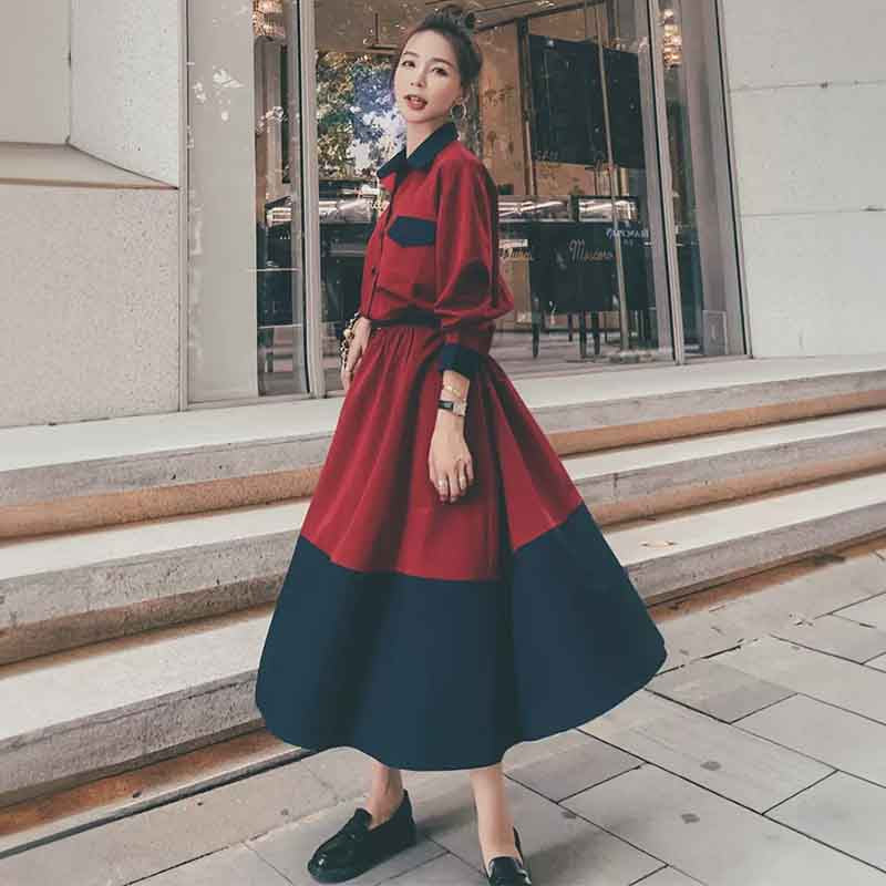 レッド×ネイビーバイカラーAラインワンピース