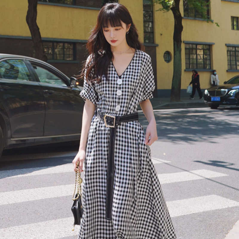 ビッグフロントボタンギンガムチェックマキシワンピース