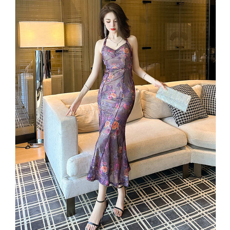 花柄シアーマーメイドホルターネックワンピース