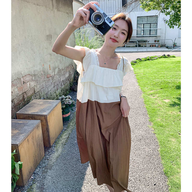 ラッフルスクエアネックバイカラーマキシワンピース