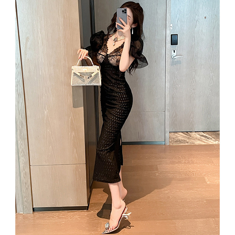 シアーキャンディースリーブレースマーメイドワンピース