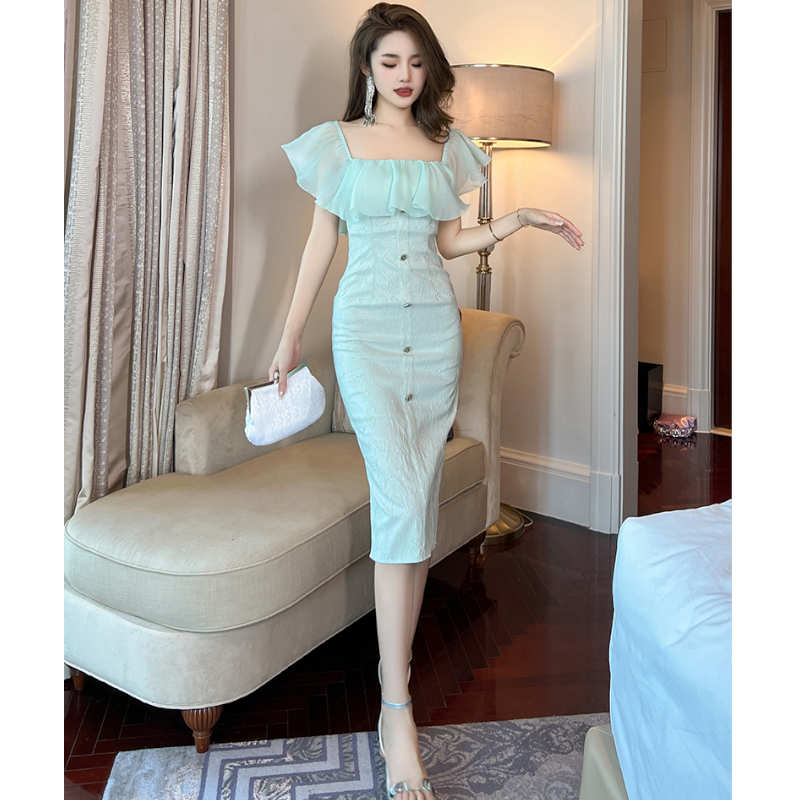 シアーラッフルコンビジャガードペンシルワンピース