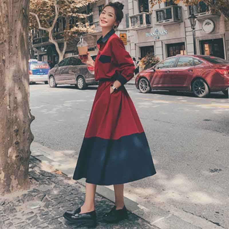 レッド×ネイビーバイカラーAラインワンピース