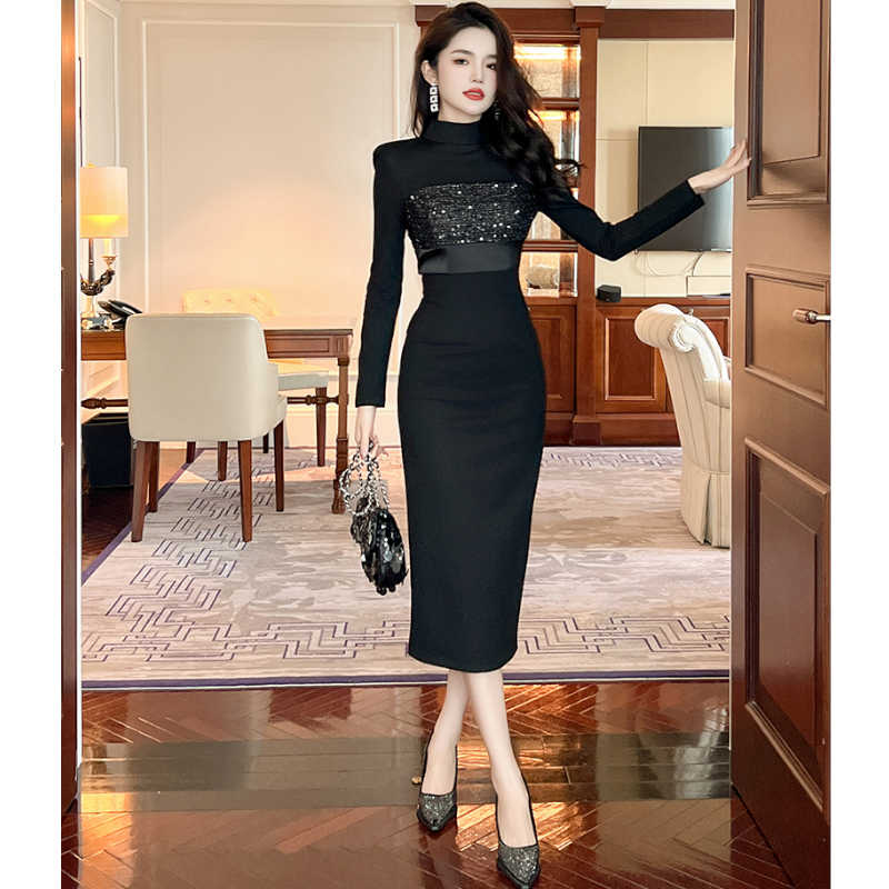 ボトルネックグリッターコンビペンシルワンピース