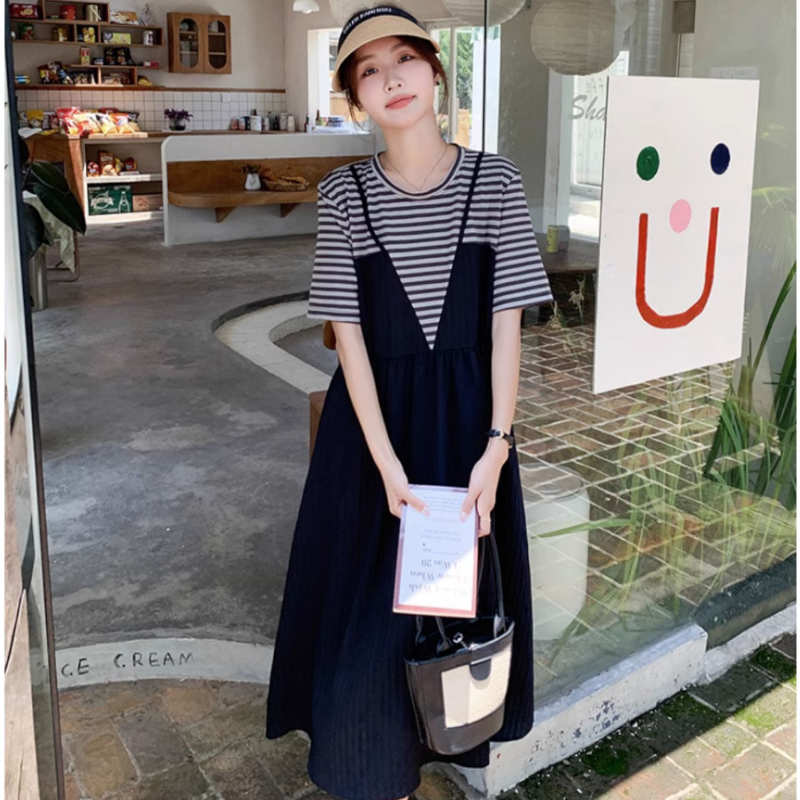 ボーダーTシャツコンビロングワンピース