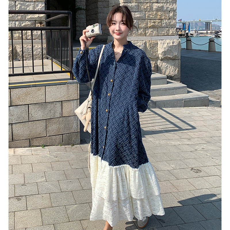 ジャガードデニム×レースティアードロングワンピース