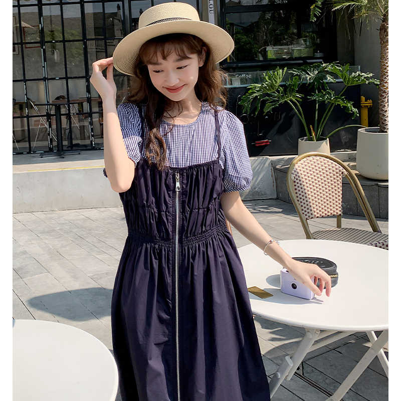 ギンガムチェックブラウスコンビフロントジッパーワンピース