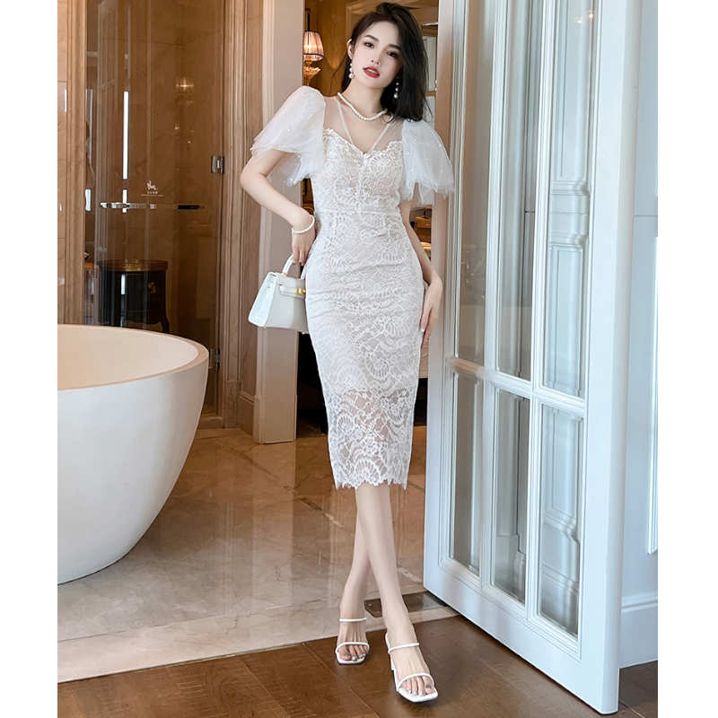 シアーフレアスリーブ総レースペンシルワンピース