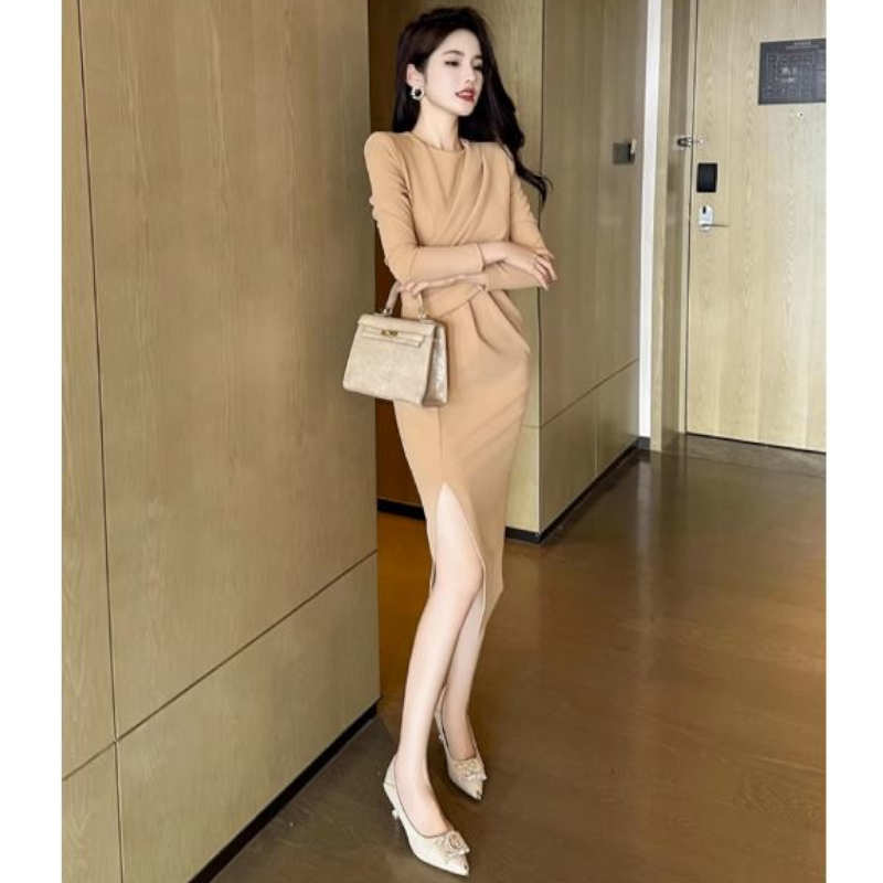 【即納】アシメドレープサイドスリットペンシルワンピース