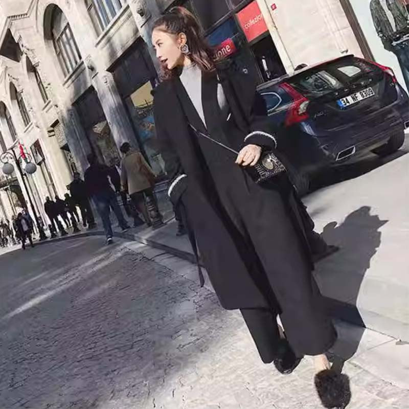 スリット入りハイネックリブニット×Vネックリブウエストサロペットパンツ(2colors)