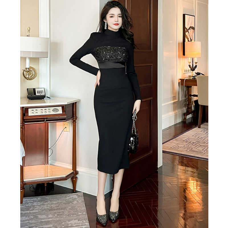 ボトルネックグリッターコンビペンシルワンピース