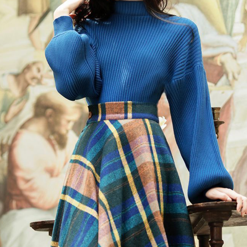 ハイネックニット×クラシカルチェックスカート(2colors)